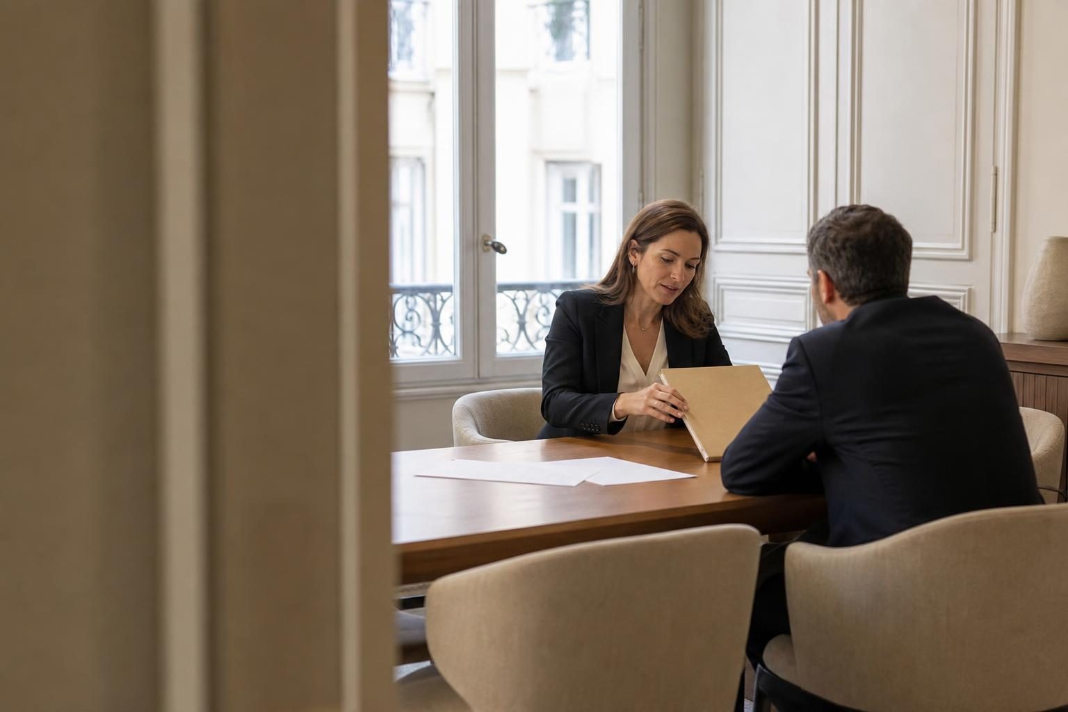 Dans un bureau élégant, une avocate en tenue sombre présente un dossier à un homme assis de l’autre côté d’une table.