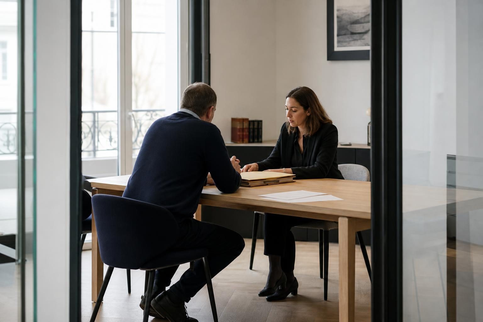 Deux personnes sont assises de part et d’autre d’une table dans un bureau lumineux, en train d’échanger autour d’un d…