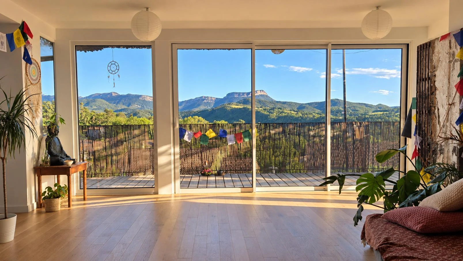 Le séjour du logement de l’étage, ouvert sur le balcon et les montagnes