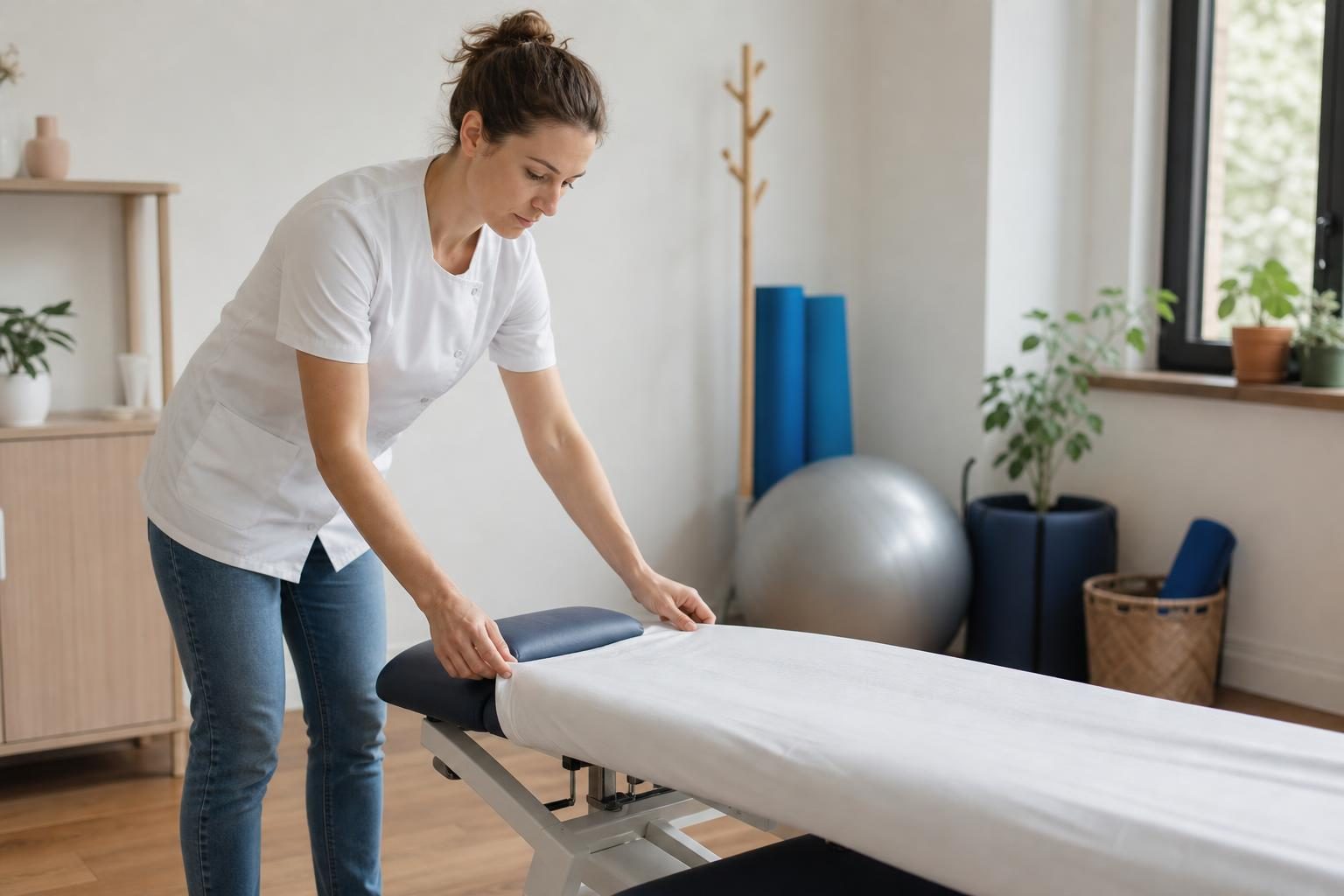Kinésithérapeute préparant la table de soin avant une séance de massage abdominal.