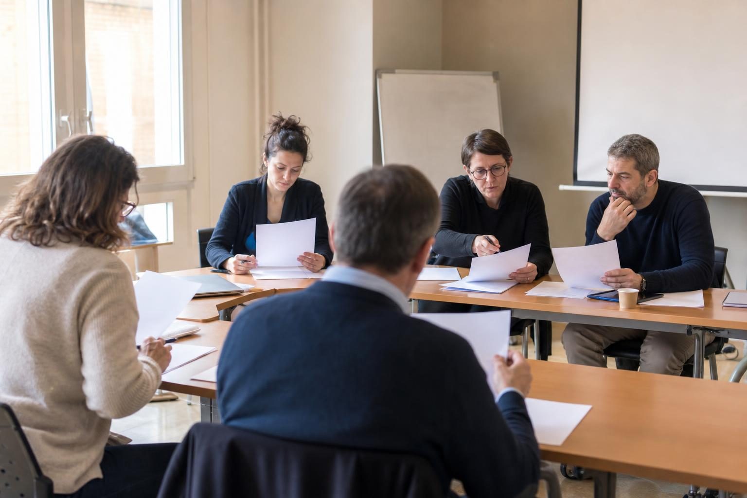Cinq adultes sont assis autour de tables en U dans une salle de réunion, chacun tenant une feuille, avec un paperboar…