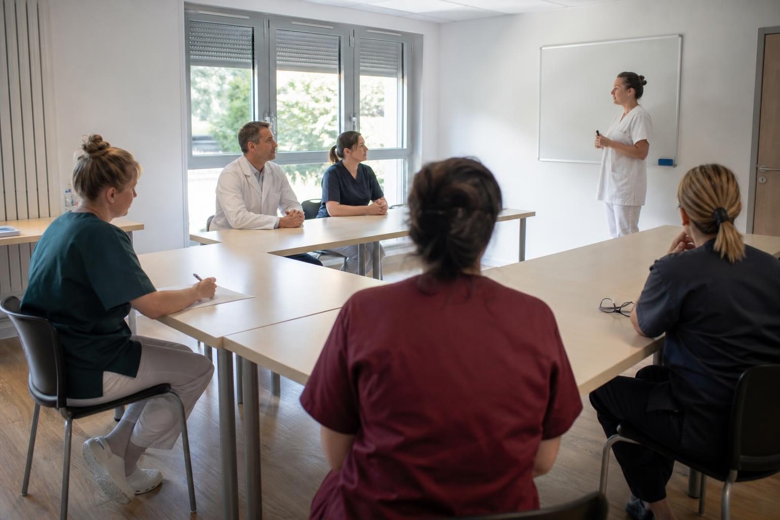 Une formatrice en tenue médicale blanche présente un cours à un petit groupe de professionnels de santé assis autour …