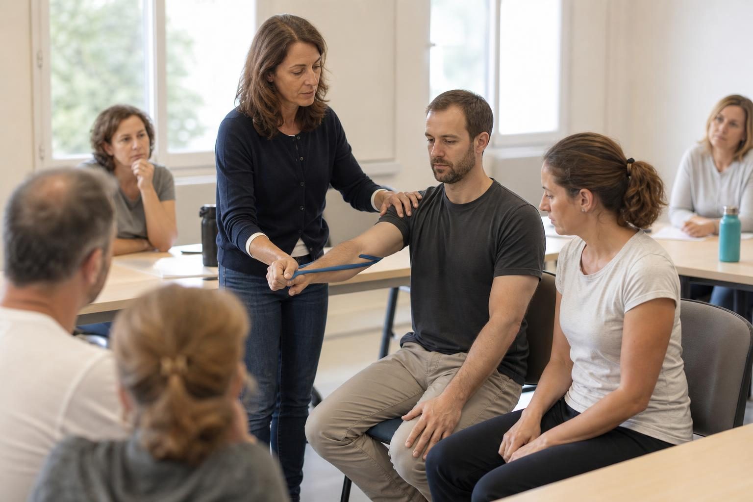 Une formatrice debout accompagne un homme assis dans une salle de formation, avec plusieurs adultes assis autour d’eux.