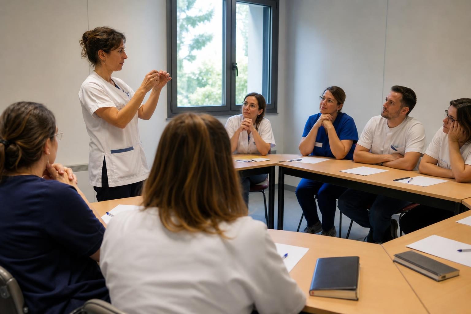 Une formatrice en tenue médicale blanche présente des gestes à un petit groupe de professionnels assis autour de tabl…