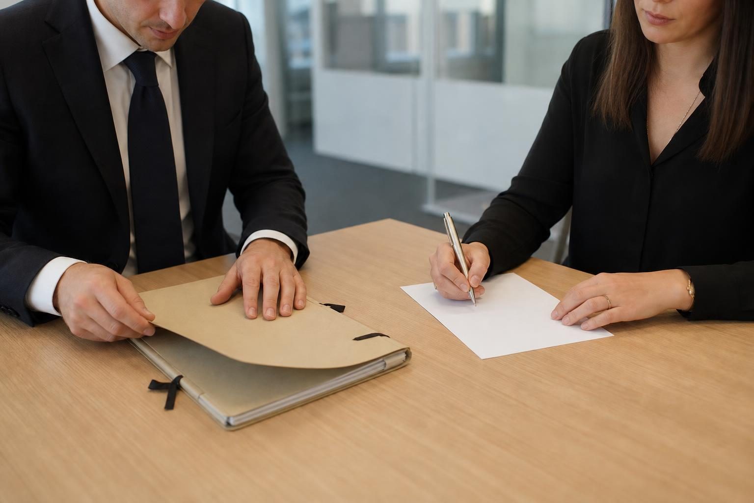 Deux personnes en tenue sombre sont assises à une table de bureau, l’une tient un dossier et l’autre signe une feuille.