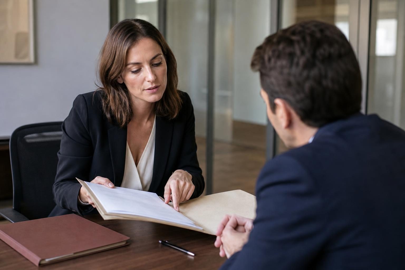Une avocate en veste sombre discute avec un client dans un bureau et lui montre un dossier ouvert sur la table.