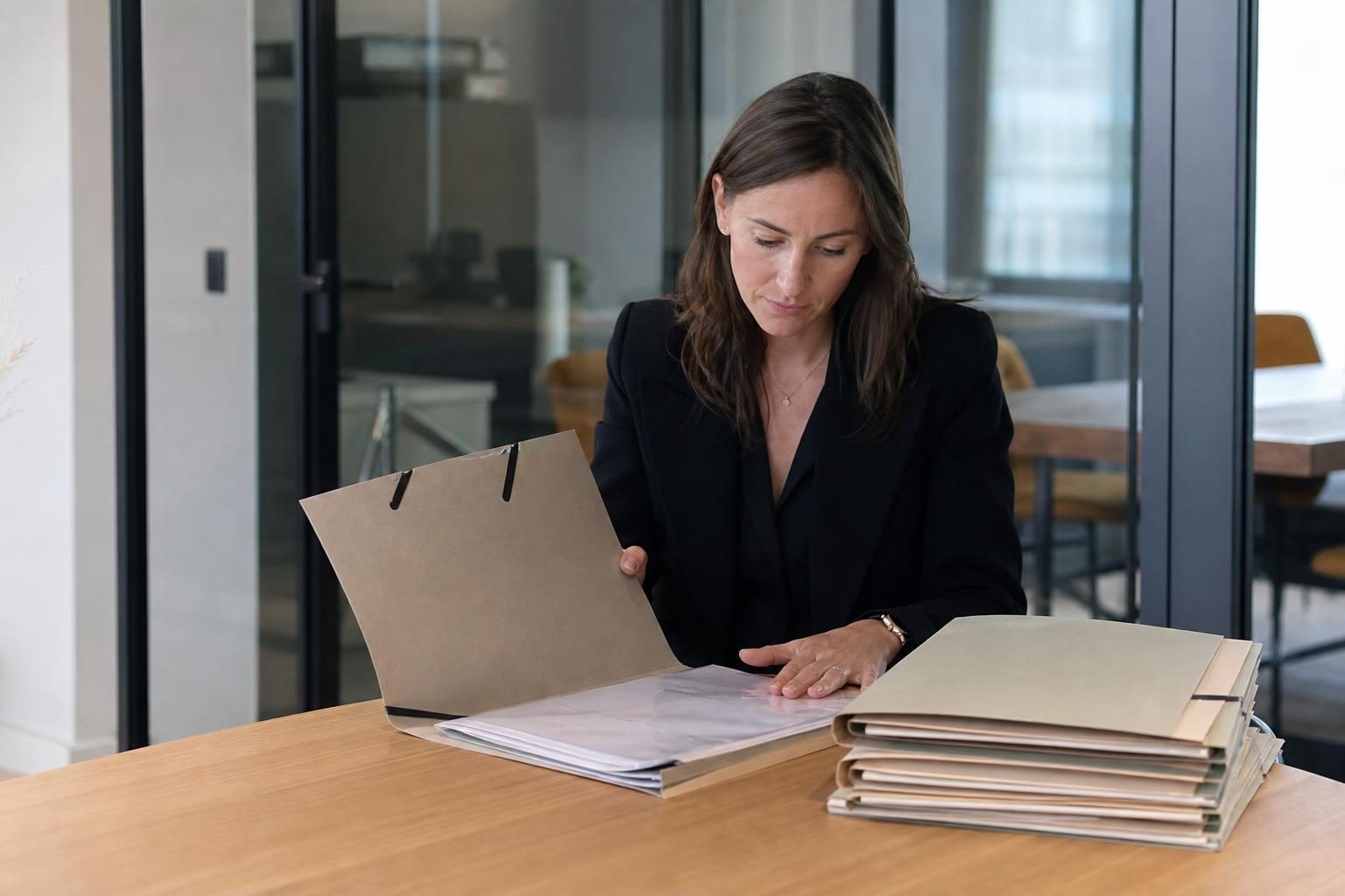 Une femme en tenue sombre est assise à une table et consulte un dossier papier épais dans un bureau vitré.