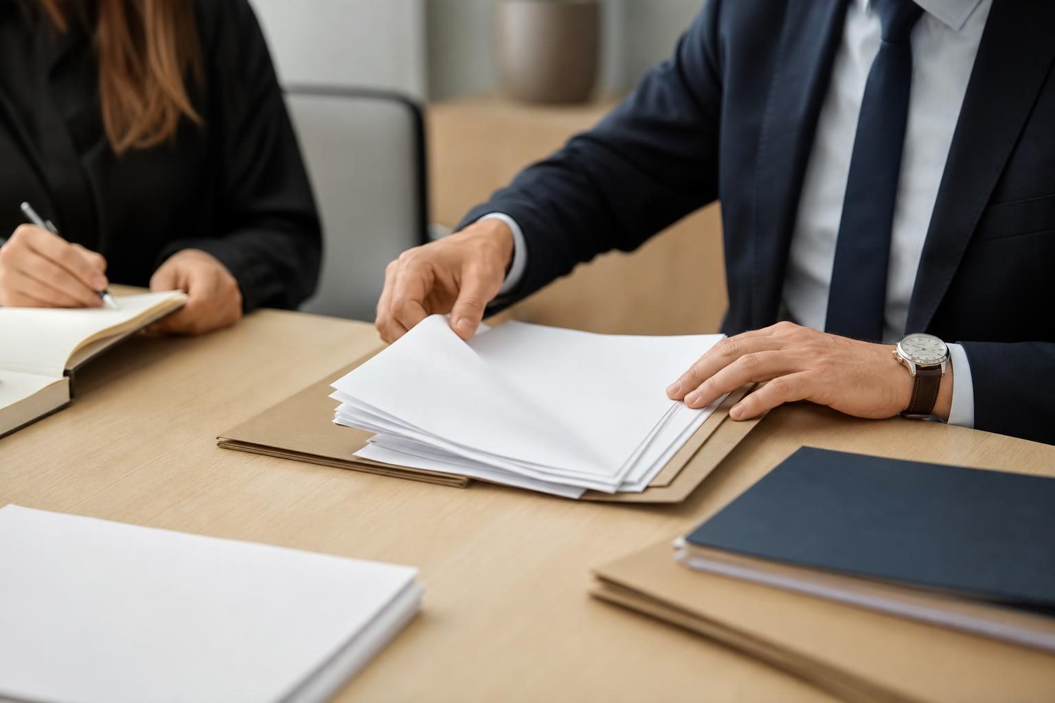 Deux personnes sont assises à une table de réunion, l’une prend des notes tandis que l’autre feuillette un dossier