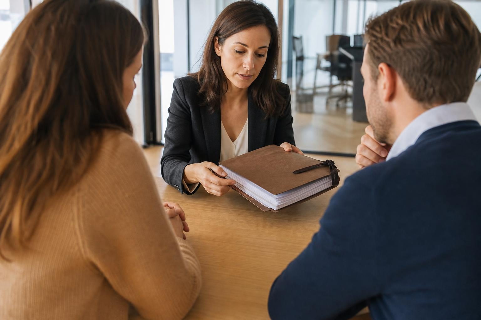 Une avocate en veste sombre montre un gros dossier à deux clients assis de part et d’autre d’une table.