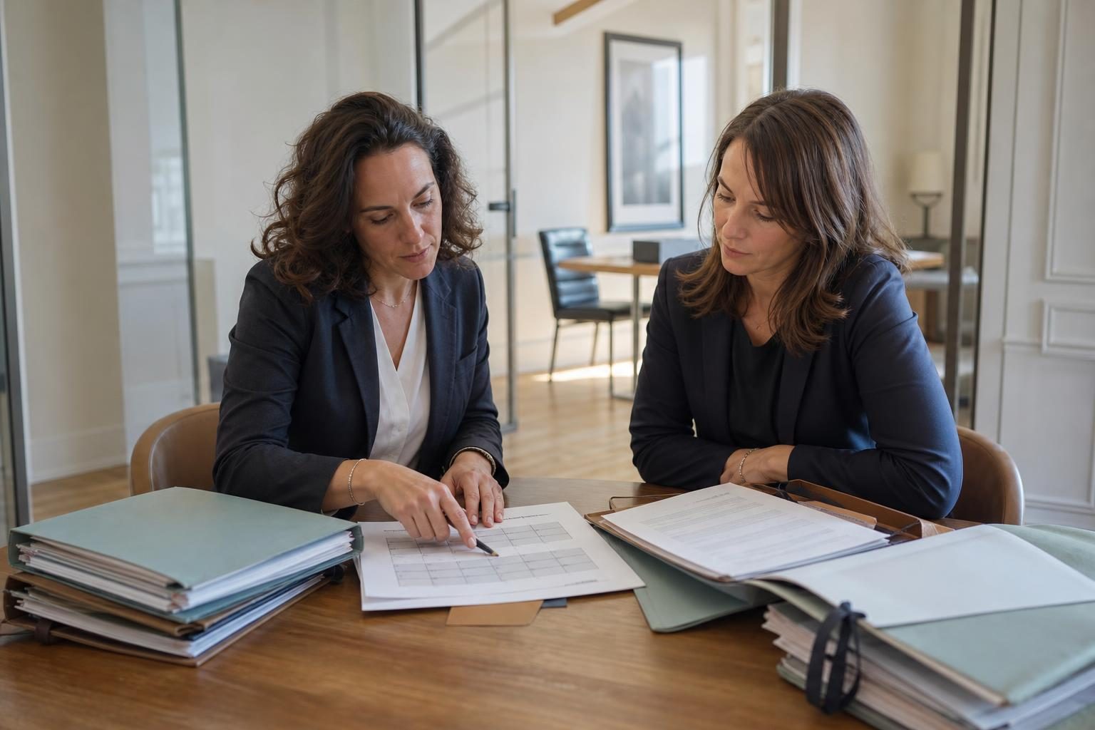 Deux femmes en tenue professionnelle consultent des dossiers autour d’une table dans un bureau lumineux.