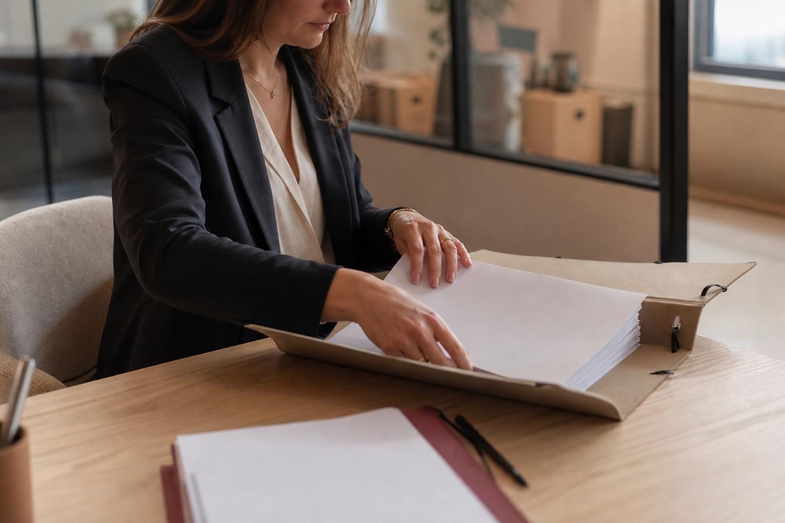 Une femme en tenue professionnelle classe des feuilles dans une chemise cartonnée sur une table de bureau.