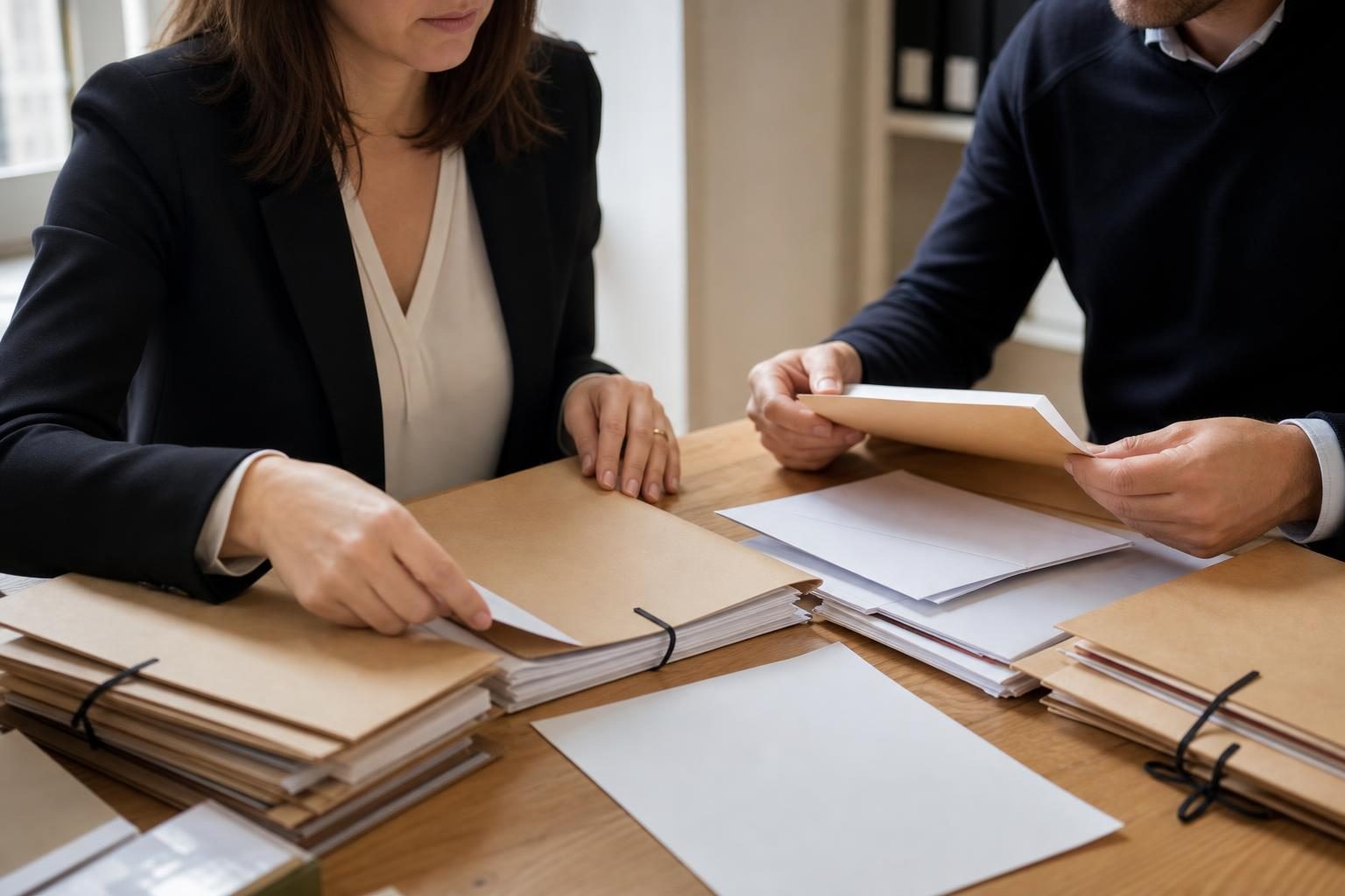 Deux personnes en tenue sombre sont assises à une table et manipulent des dossiers et des enveloppes dans un bureau l…