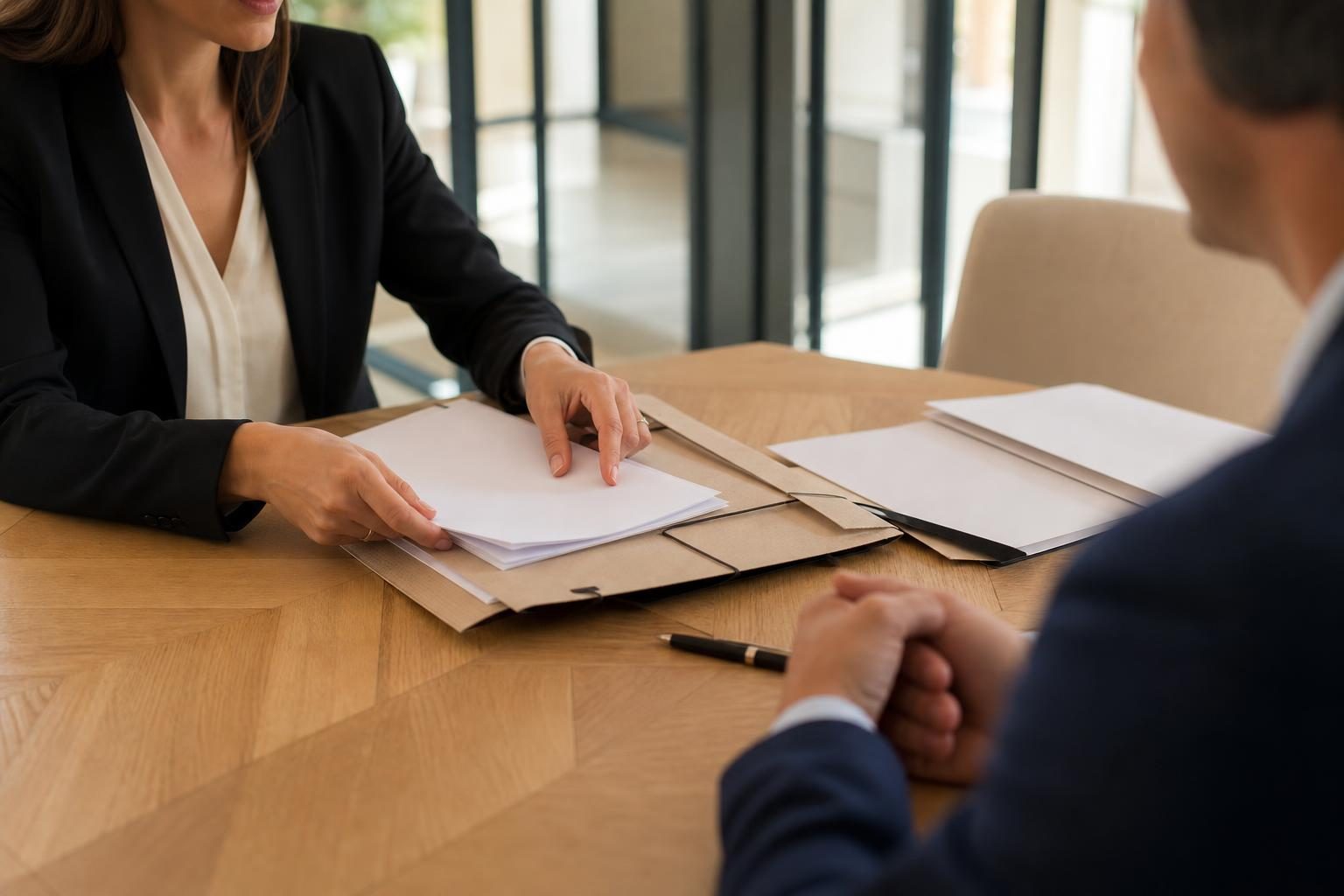Une avocate en tenue sombre présente et classe des dossiers papier sur une table.