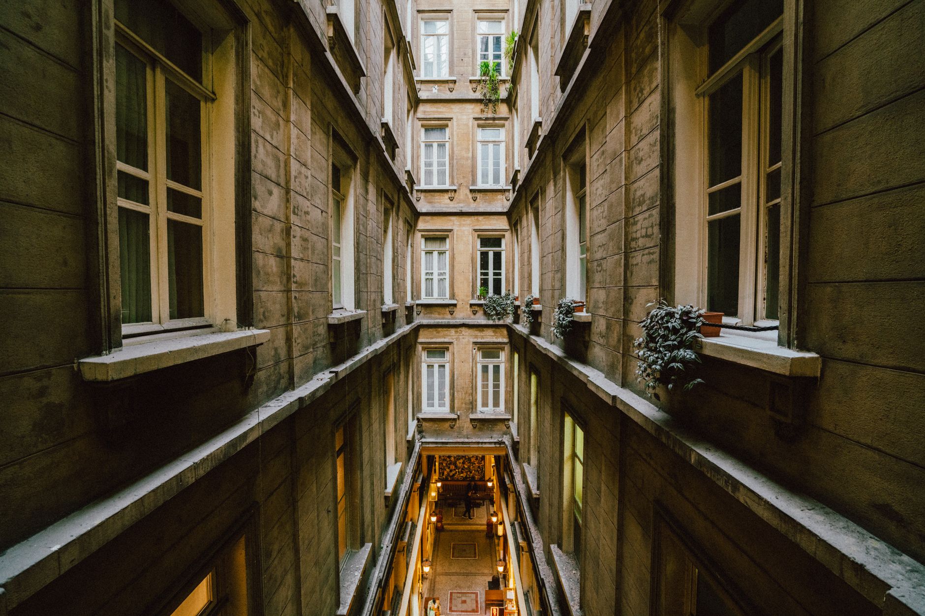 Cour intérieure d'un immeuble ancien, entourée de fenêtres et de plantes