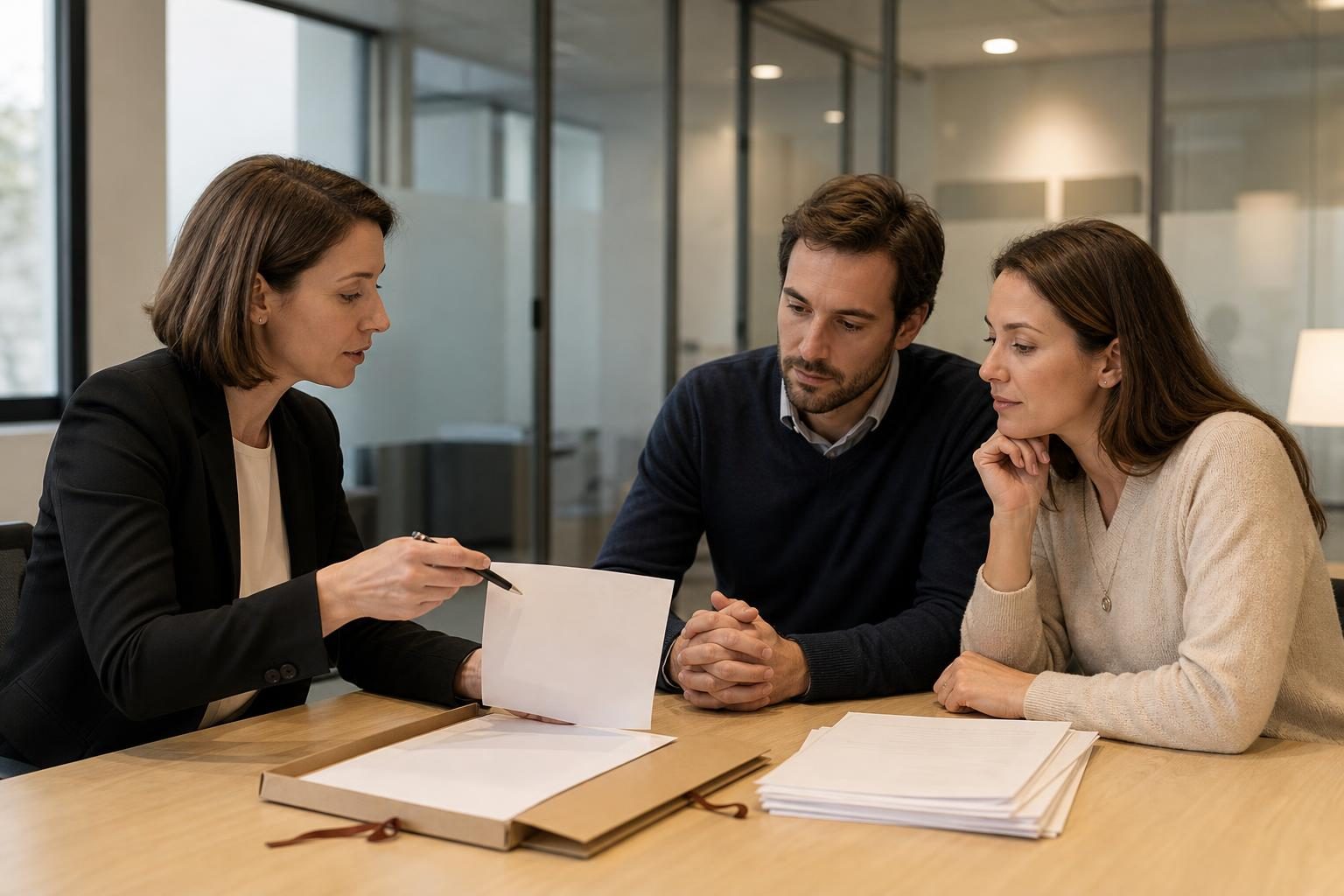 Une avocate en bureau présente une feuille à un couple assis en face d’elle autour d’une table avec des dossiers.