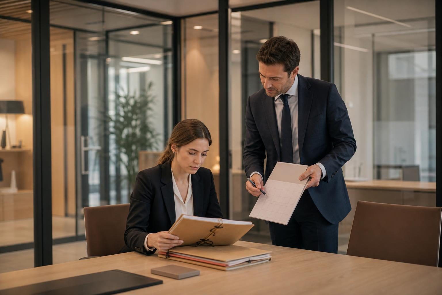 Dans un bureau vitré moderne, un homme en costume montre un dossier à une femme assise qui le consulte.