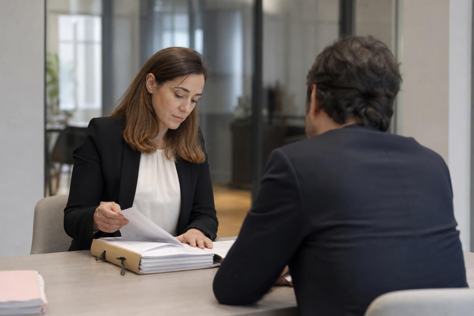 Une avocate assise à une table de réunion consulte et tourne des pages d’un dossier papier face à un homme vu de dos …