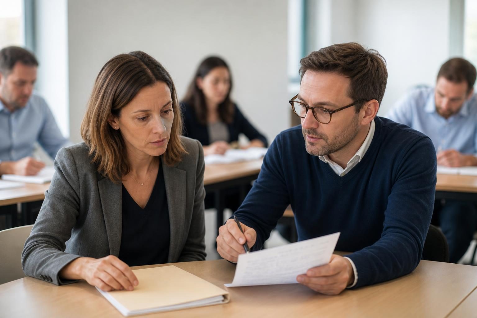 Dans une salle de formation, une femme et un homme consultent des feuilles à une table pendant que d’autres participa…