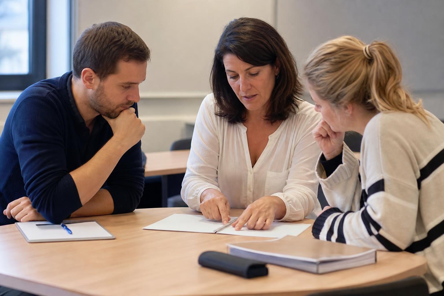 Trois adultes assis autour d’une table en bois dans une salle de formation ; au centre, une femme illustre un point sur des documents