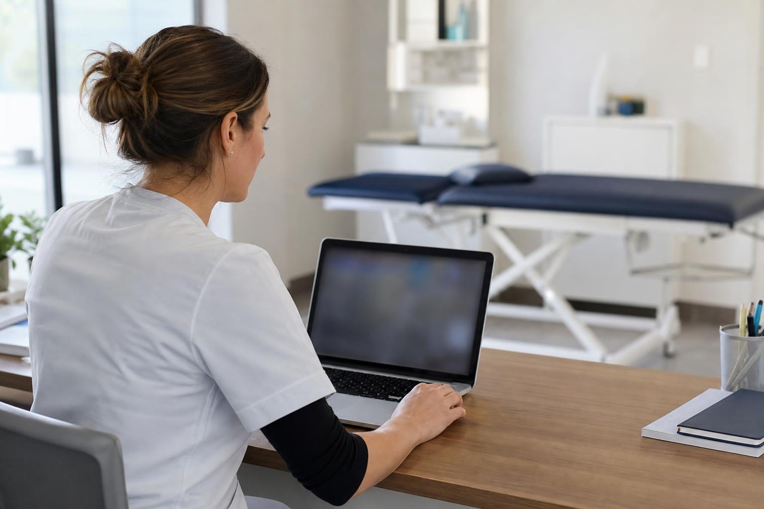 Une femme en tenue médicale est assise de dos à un bureau avec un ordinateur portable, dans une salle de soins ou de …
