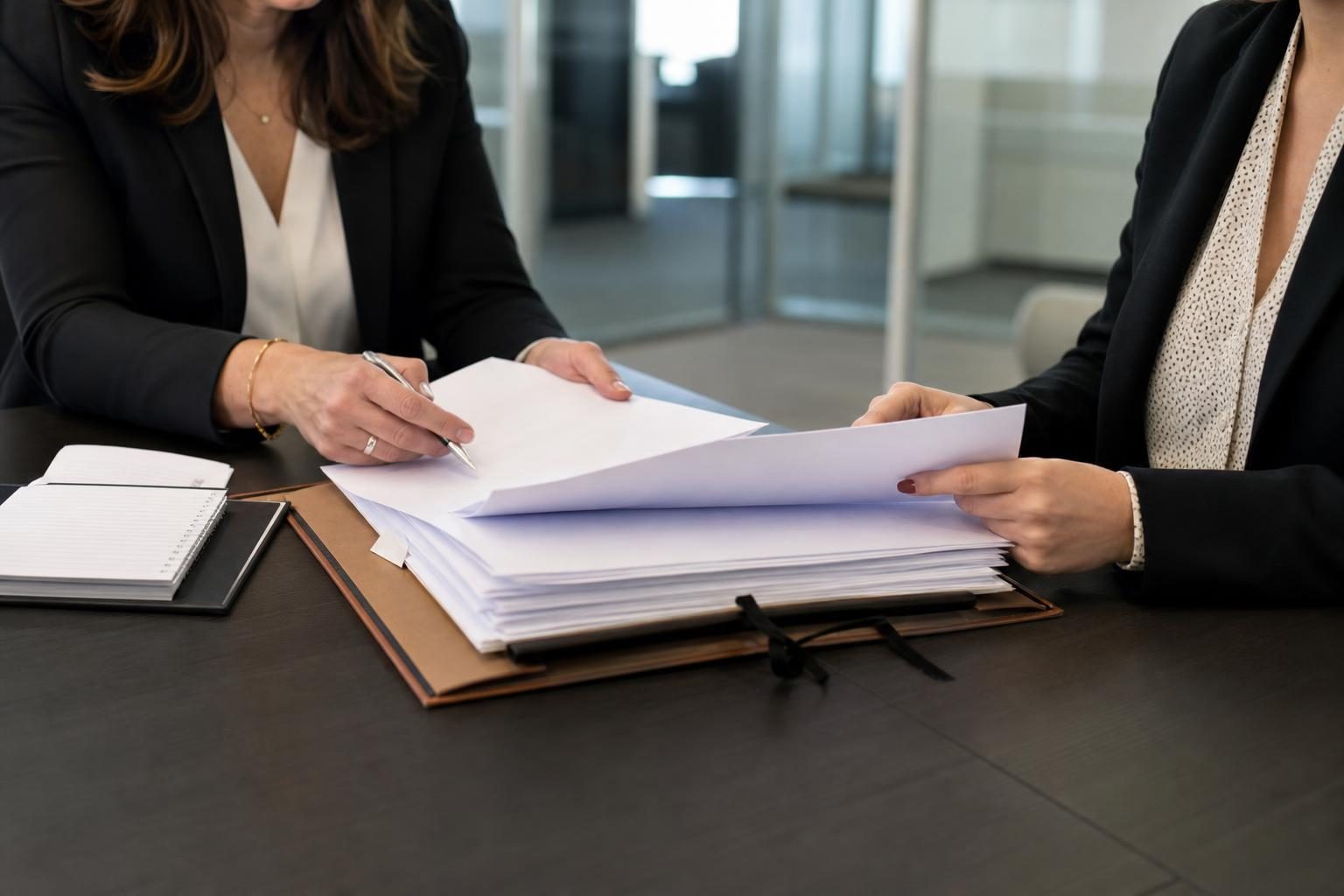 Deux femmes en tenue sombre consultent et signent des documents épais autour d'une table de bureau dans un intérieur …