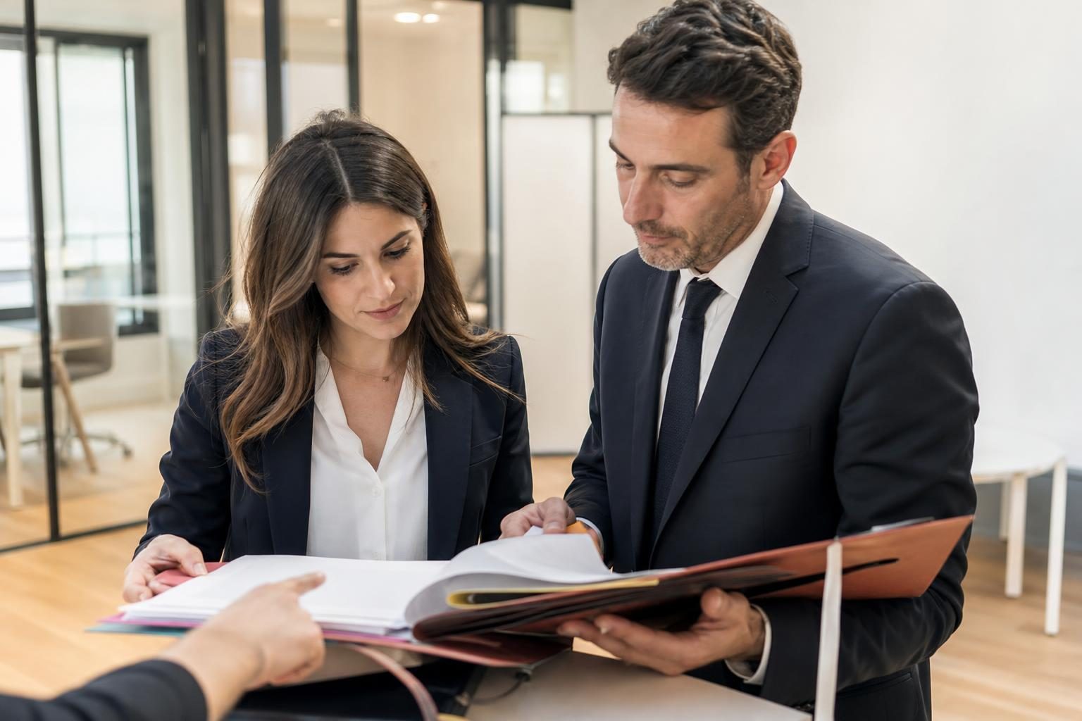 Deux personnes en tenue de bureau consultent et feuillettent un dossier, avec une main.