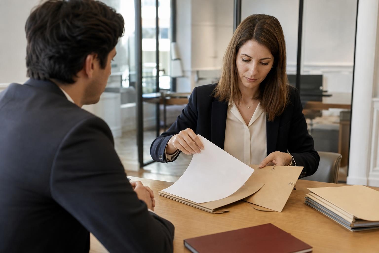 Dans un bureau, une femme en tenue professionnelle examine un dossier papier face à un homme assis à la table.