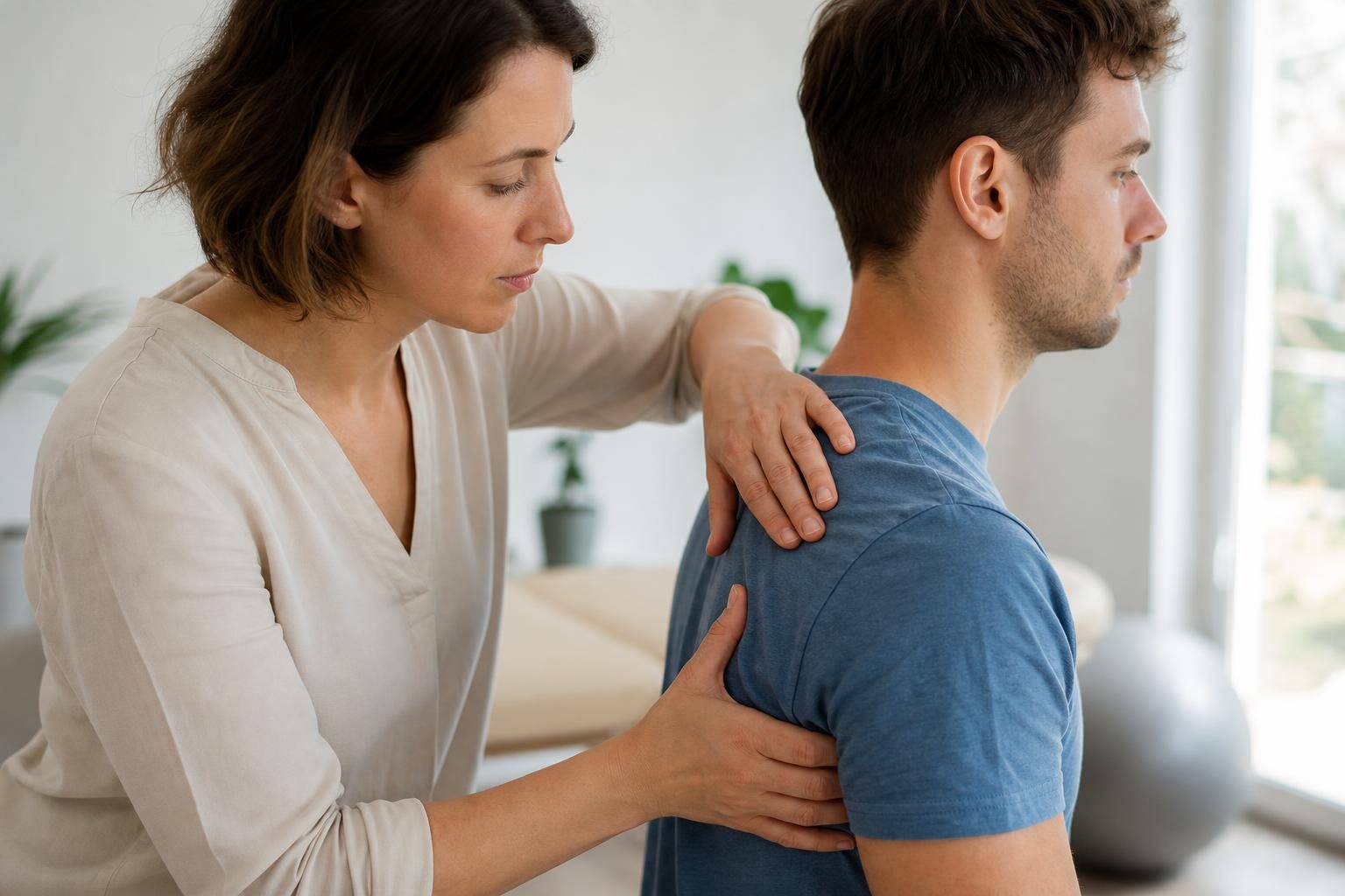 Une praticienne examine la posture d’un patient assis dans un cabinet lumineux