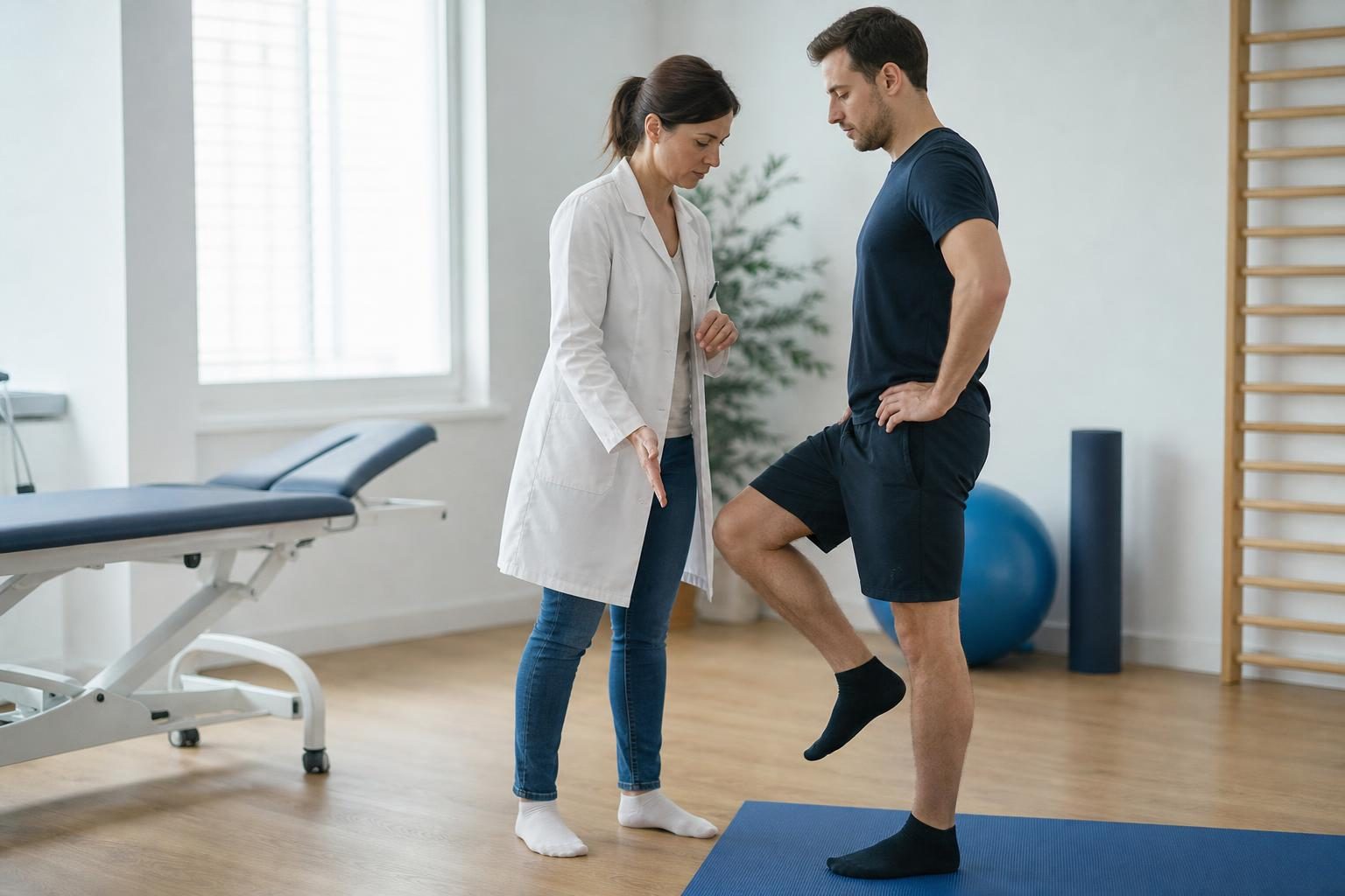 Dans un cabinet de soin lumineux, une femme en blouse blanche guide un homme en tenue de sport qui fait un exercice d…