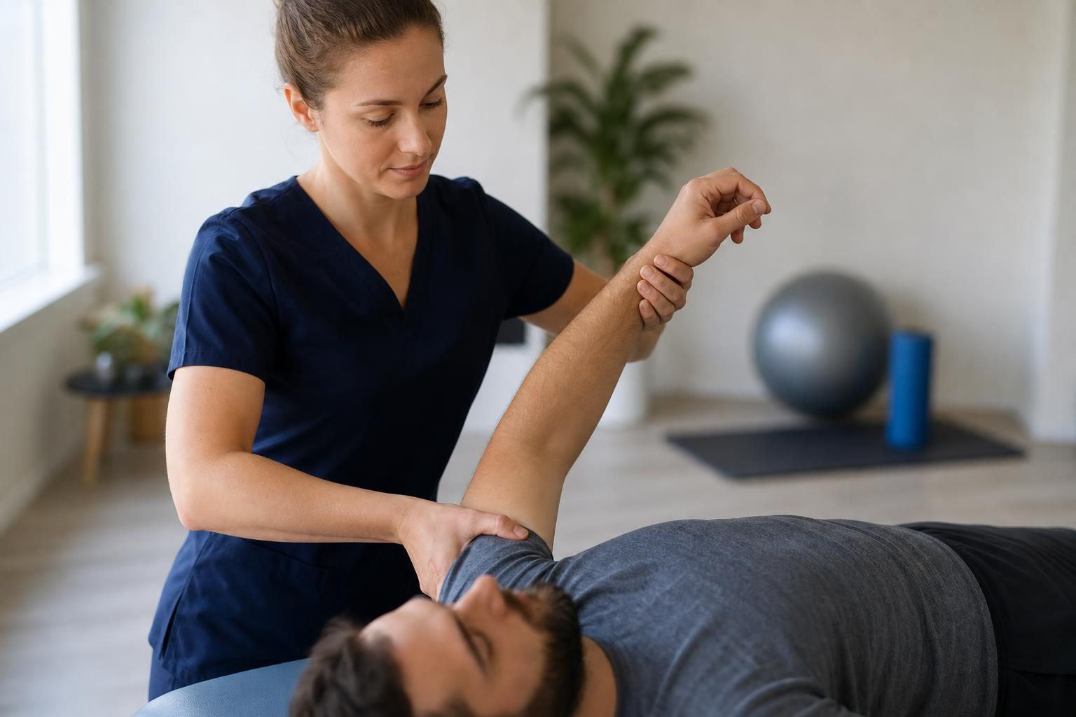 Une praticienne mobilise doucement le bras d’un patient allongé sur une table de soin.