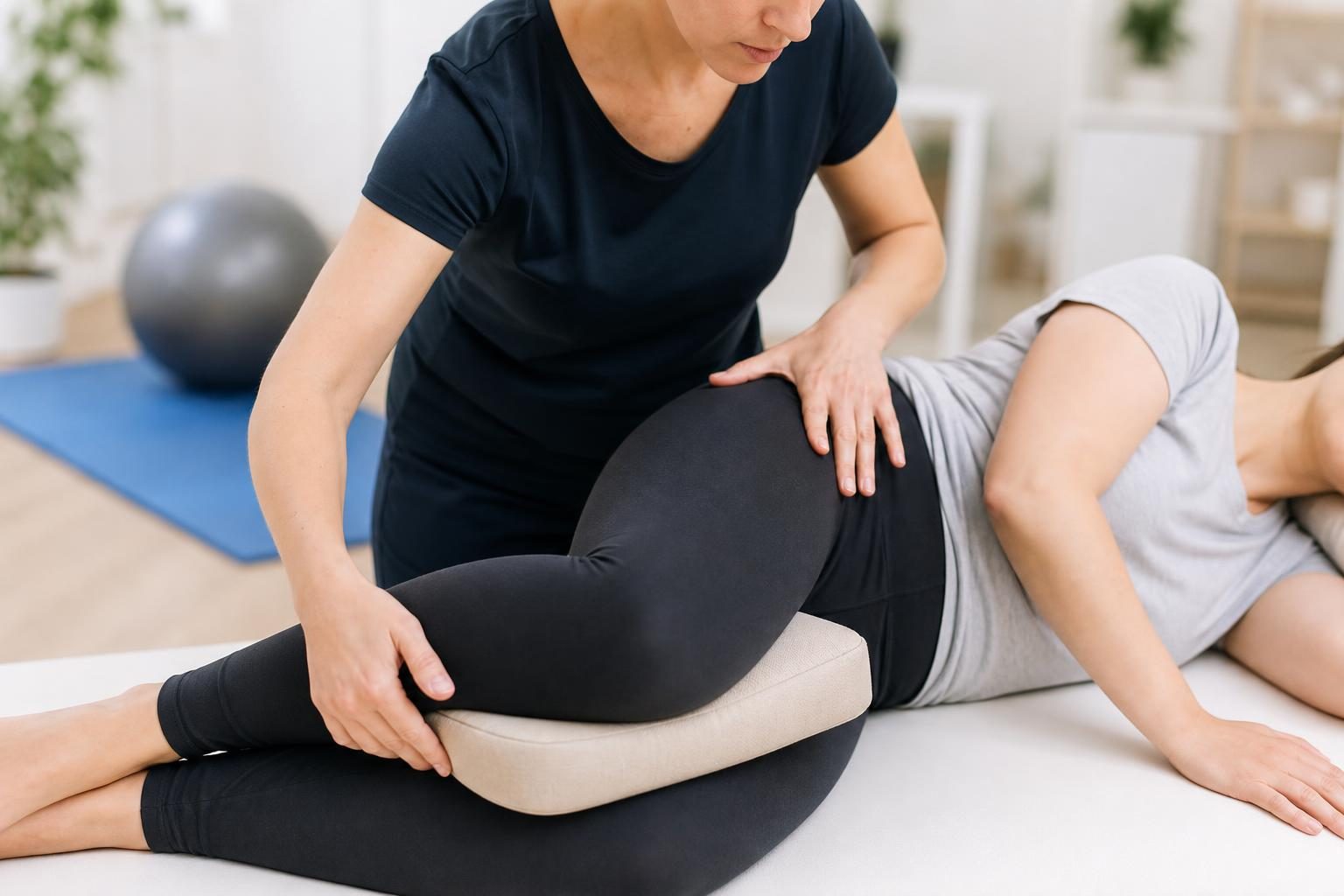 Une kinésithérapeute place un coussin entre les genoux d’une patiente allongée sur le côté.