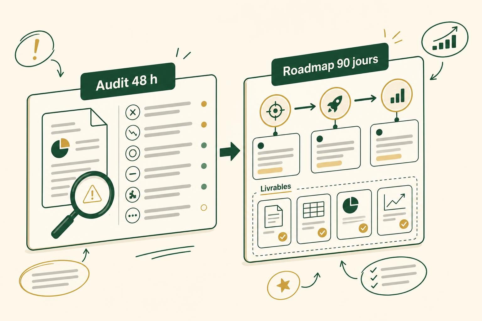 Capture schématique d’un audit SEO et d’une roadmap en deux panneaux reliés par une flèche.