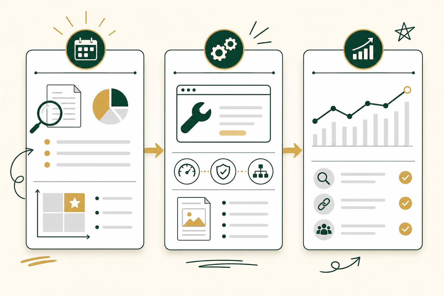 Schéma en trois étapes d’une mission SEO : audit, optimisations techniques, puis suivi des résultats.