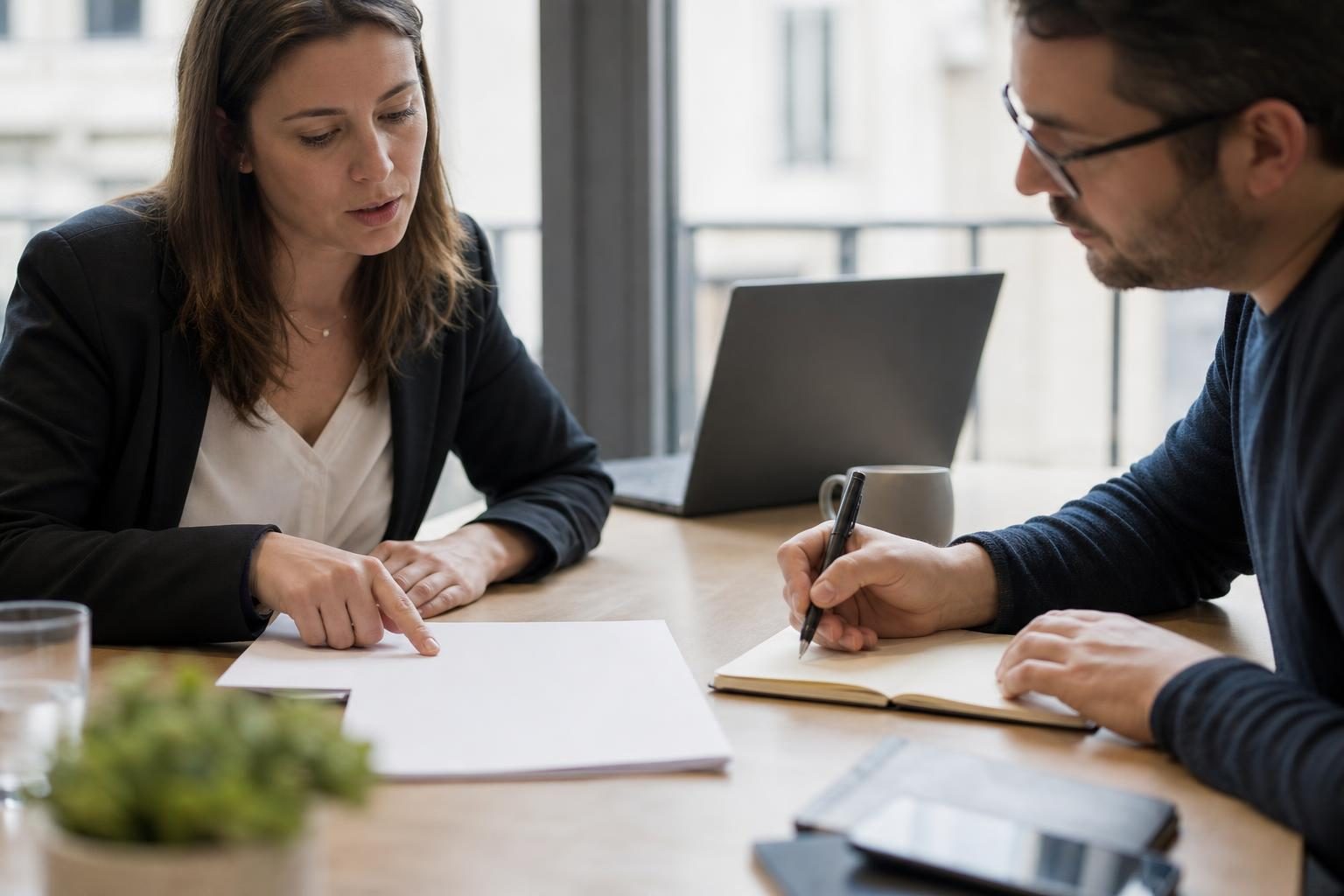 Deux personnes en tenue de bureau sont assises à une table et discutent autour de feuilles blanches, avec un ordre du jour texte.