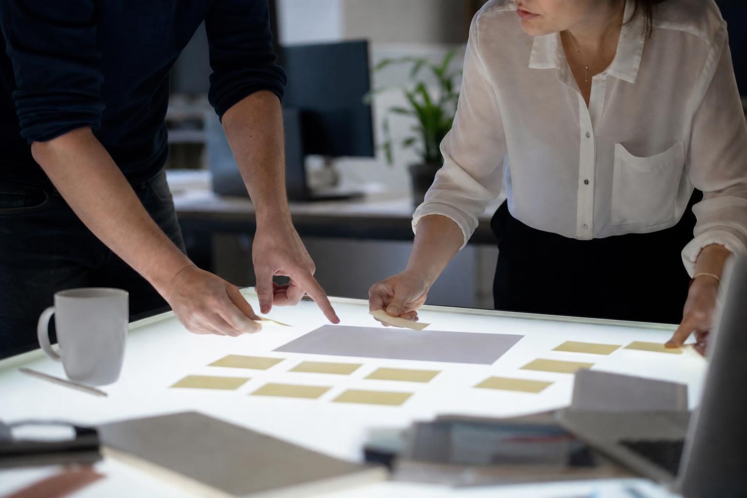 Deux personnes debout autour d’une table lumineuse dans un bureau, en train de manipuler des post-it autour d’une feu…