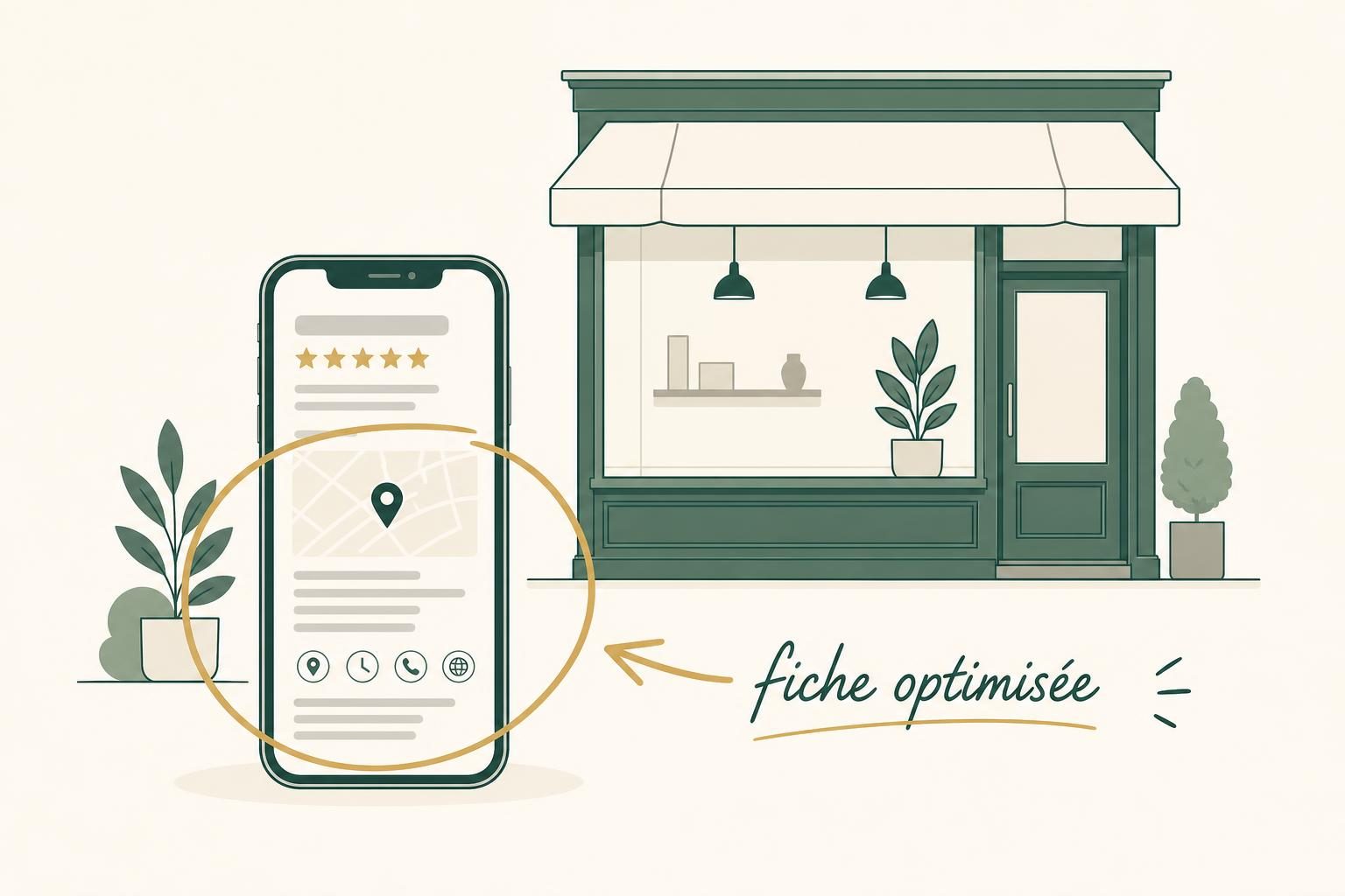 Illustration d’une façade de boutique avec, à gauche, un smartphone affichant une fiche d’établissement stylisée.