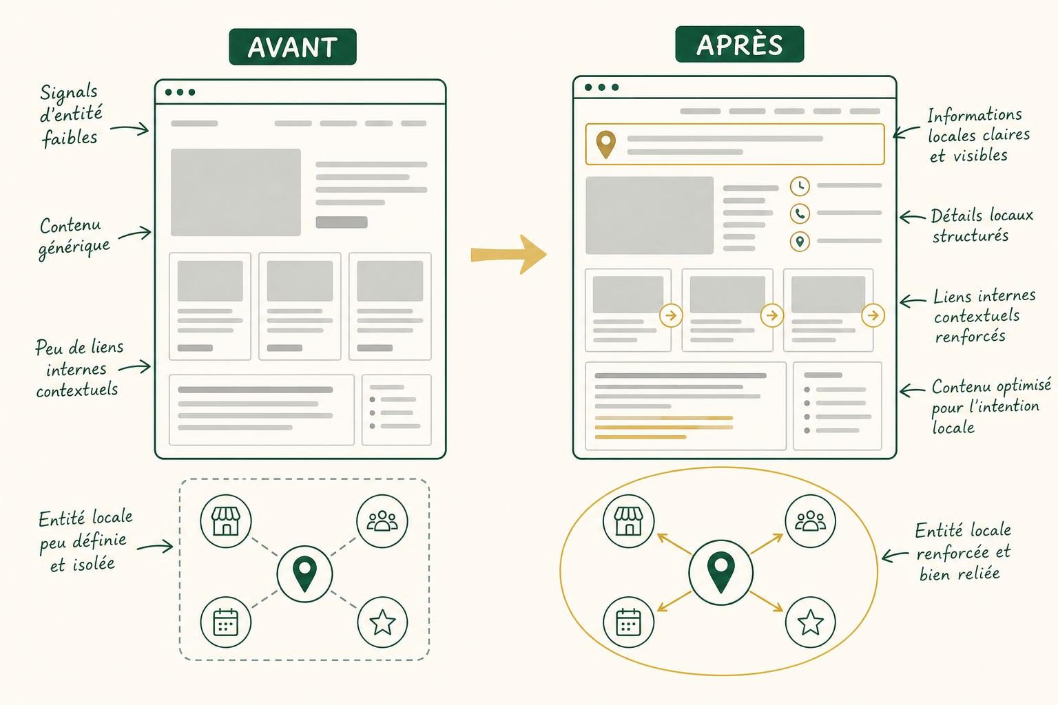 Illustration schématique en deux colonnes « AVANT » et « APRÈS » montrant une page web optimisée pour le SEO local.