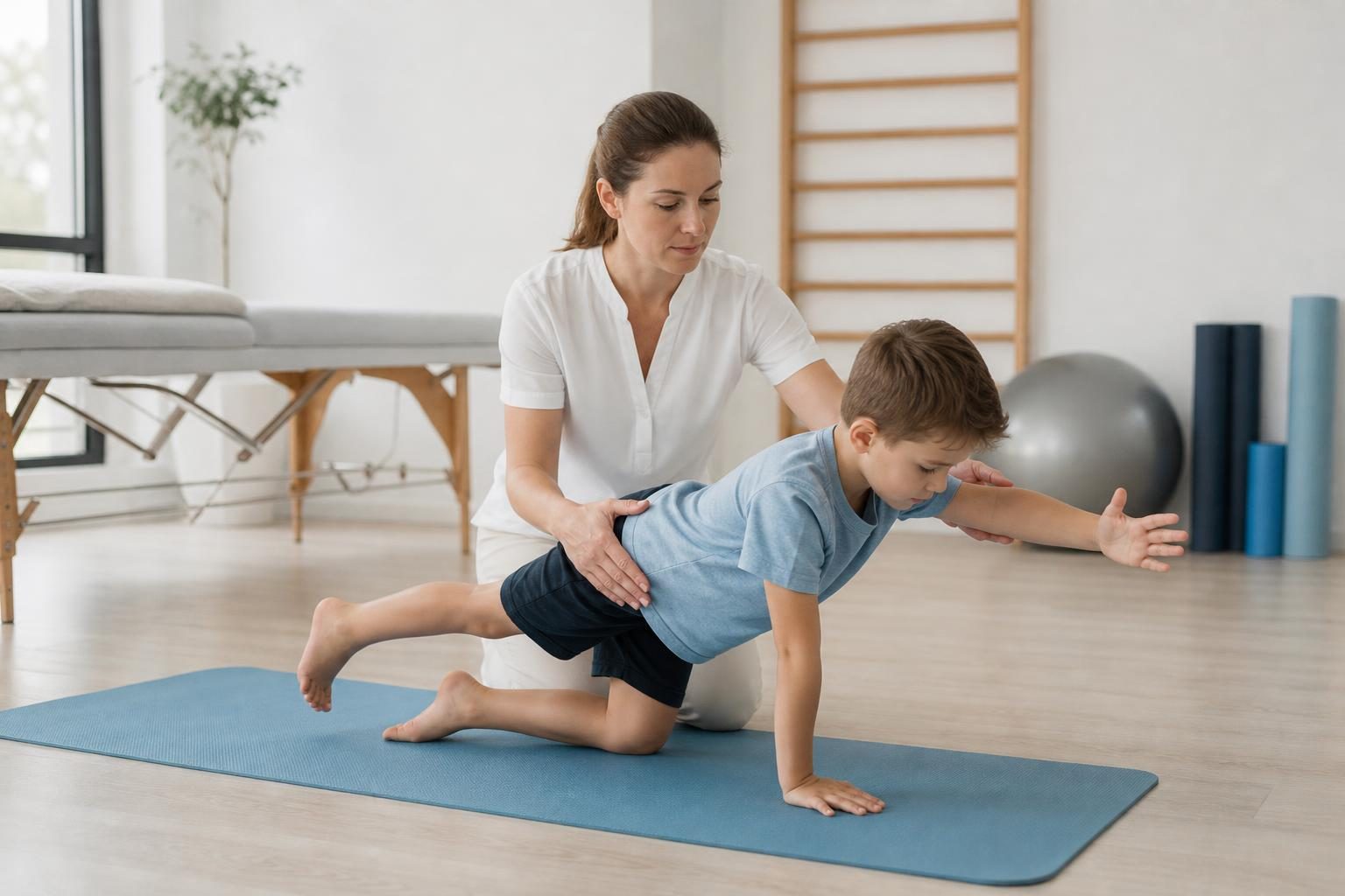 Une femme en blouse blanche accompagne un jeune garçon en exercice de rééducation sur un tapis.