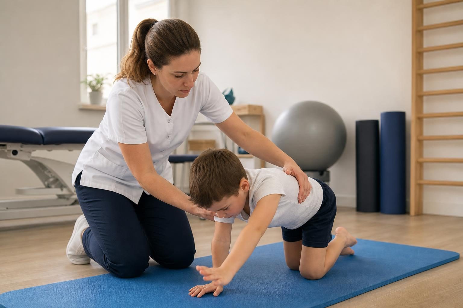Une kinésithérapeute en tenue blanche aide un jeune enfant à quatre pattes sur un tapis bleu.