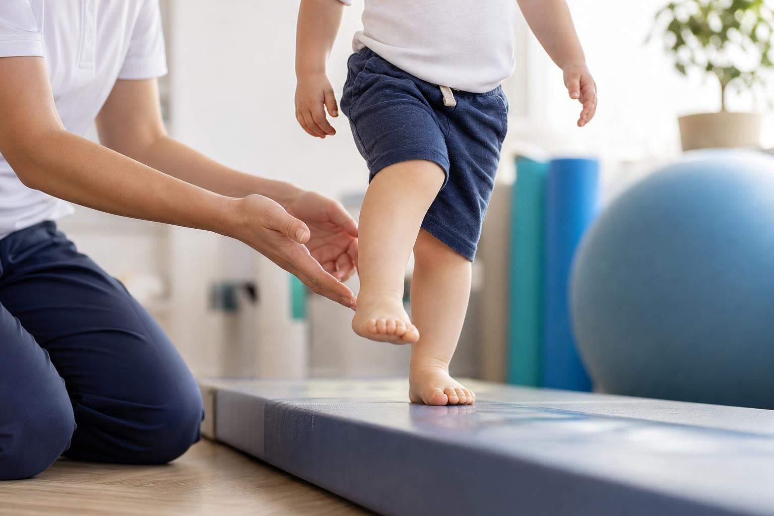 Un kinésithérapeute aide un jeune enfant à marcher sur un tapis de rééducation dans un cabinet lumineux.