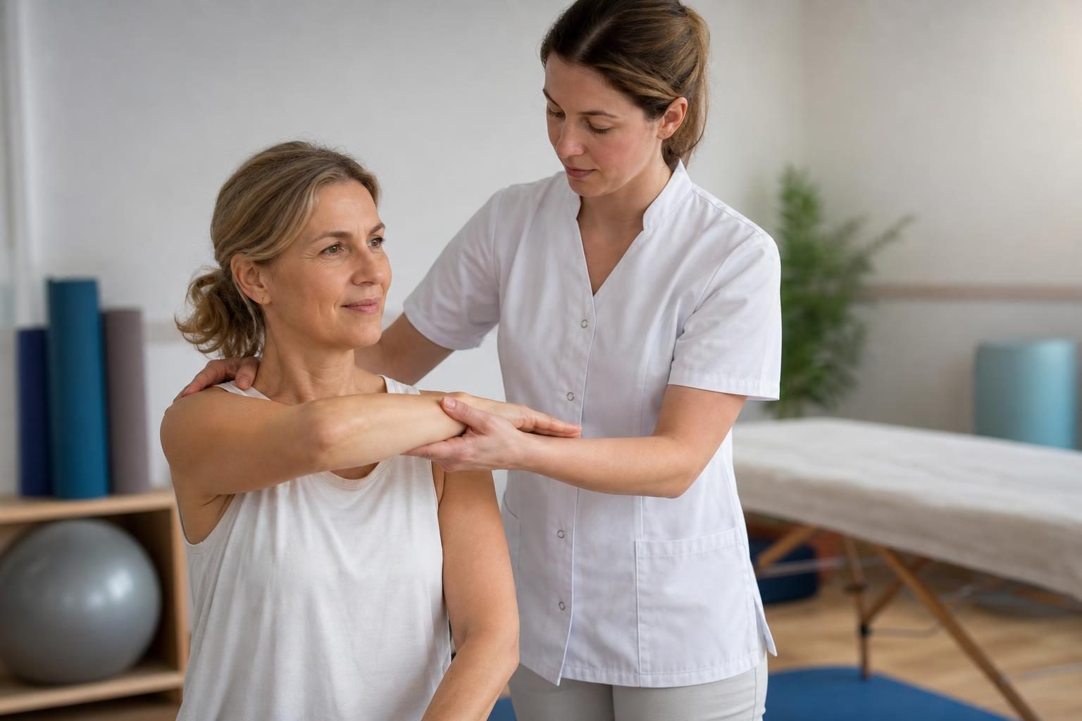 Séance de kinésithérapie : la praticienne accompagne une patiente assise pour un mouvement doux et précis.