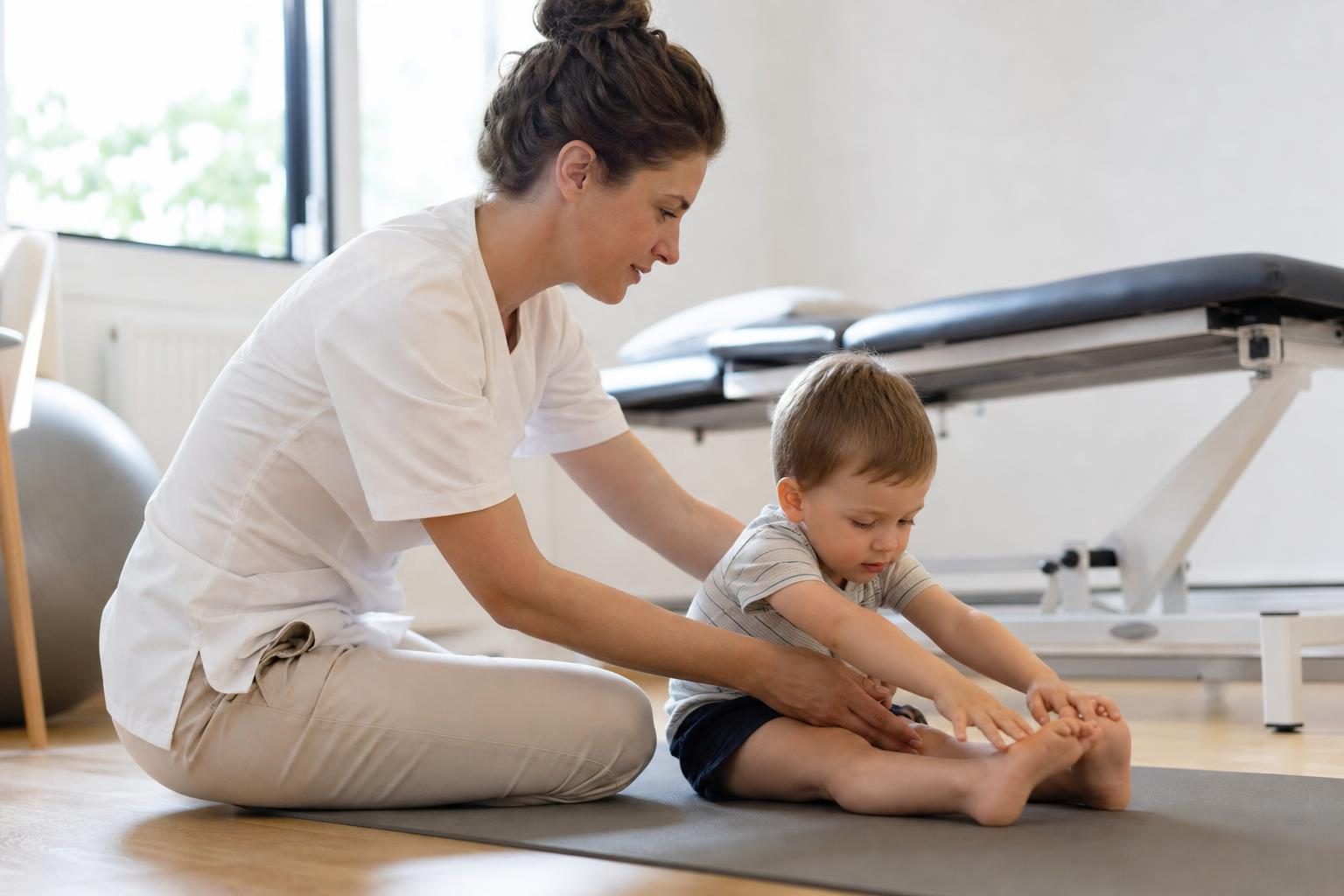 Une kinésithérapeute en tenue claire accompagne un jeune enfant assis au sol dans une salle de soins lumineuse.